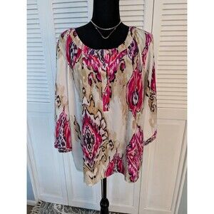 Chicos Blouse Women's L (2) Floral Boho Chic Tunic Top Flowy Flounce Satiny Pink